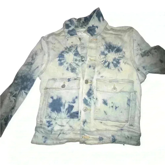 Lularoe XS tie dye denim jacket “ good vibes only”peace sign & smiley face. NWOT - Picture 4 of 8
